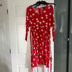 Aqua Red and White Floral Long Sleeve Dress